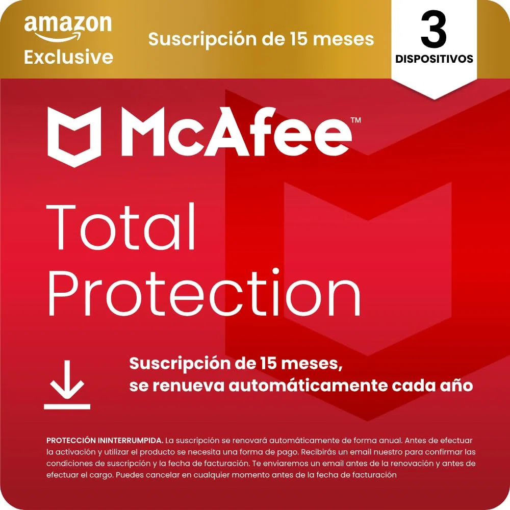 McAfee Total Protection para 3 Dispositivos 2026, 15 meses, Exclusivos de Amazon | Antivirus, VPN, software de seguridad | Suscripción con renovación automática | Descargar