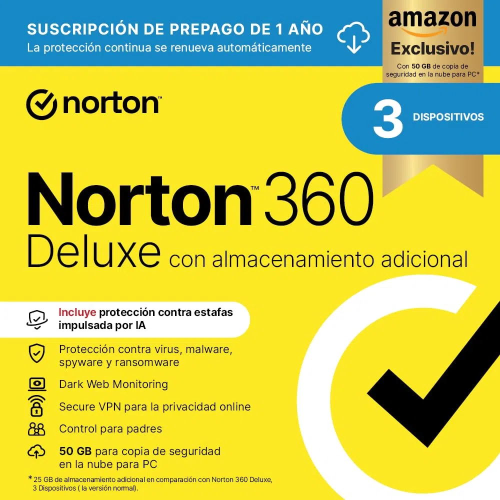 Norton 360 Deluxe Exclusivo Amazon*|Antivirus 3 Dispositivos|1 año con renovación automática| Descarga digital