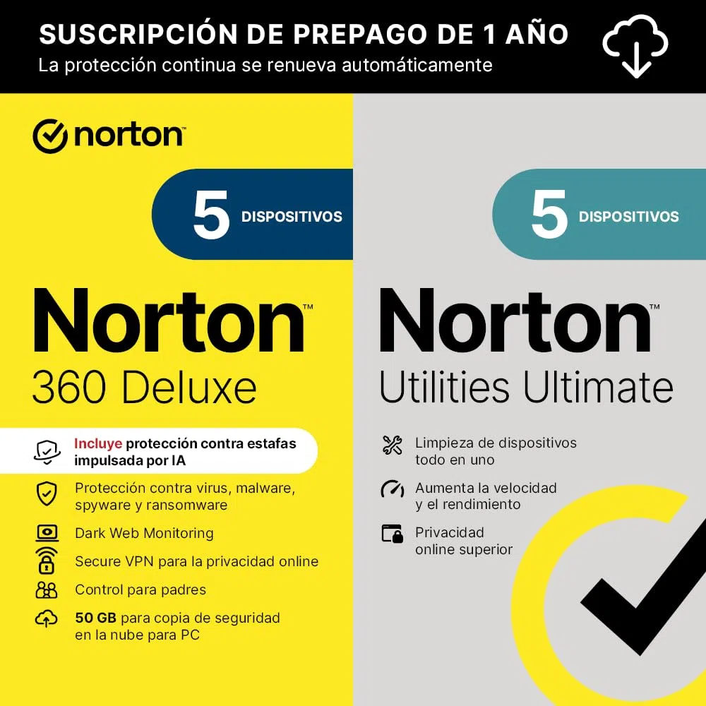 Norton 360 Deluxe+Utilities 2026|Antivírus 5 Dispositivos|1 año con renovación automática| Descarga digital