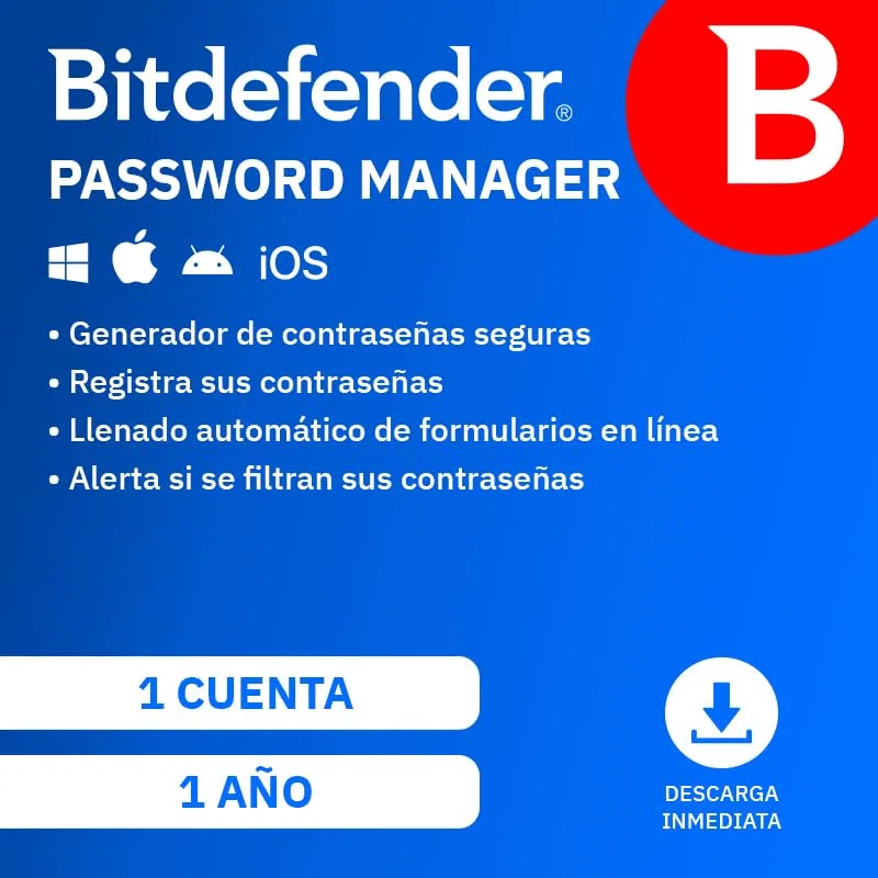 Bitdefender Password Manager 2026 | 1 cuenta | 1 año | PC/Mac/Móvil | Código de activación enviado por email