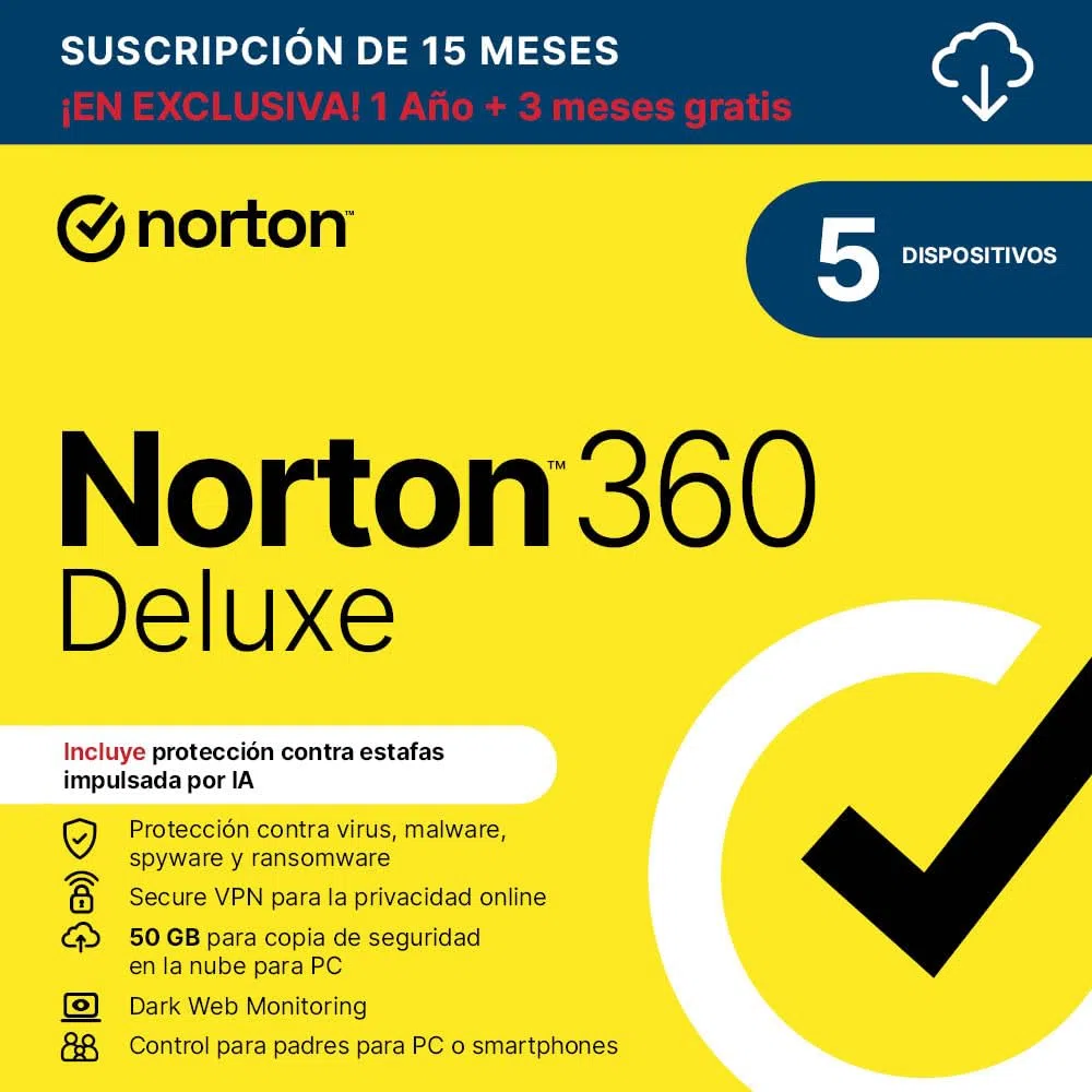 Norton 360 Deluxe 2026 |Antivirus 5 Dispositivos|15 meses| Descarga digital