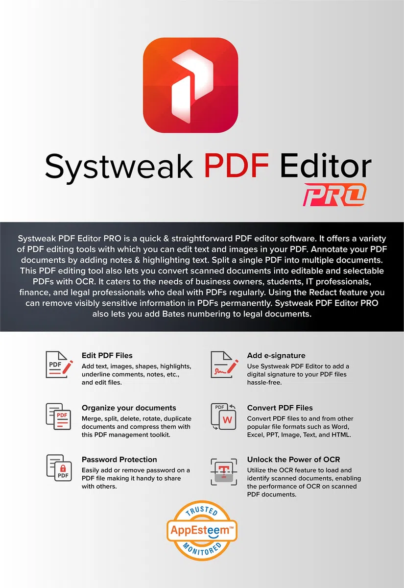 Systweak PDF Editor - Software para Windows - 1 PC, 1 año | Ver, Crear, Editar, Proteger y Firmar PDFs | Fusionar y Dividir (Solo entrega por correo electrónico - en 2 horas, Sin CD)