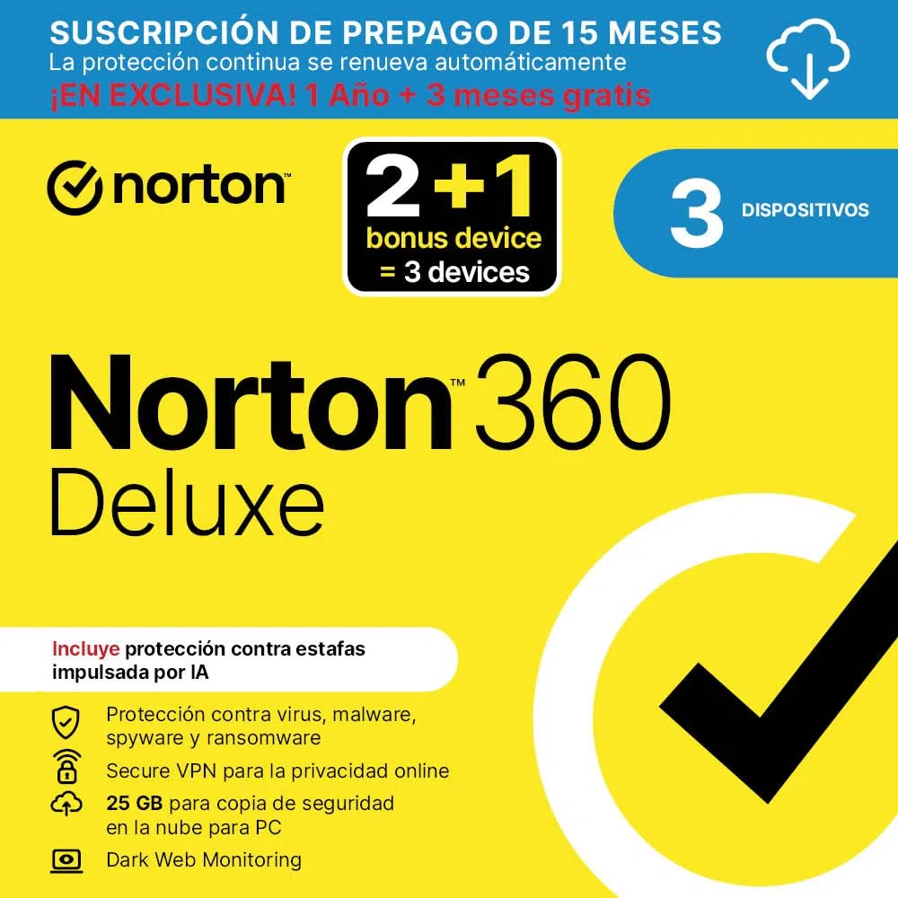 Norton 360 Deluxe 2026 |Antivirus 2+1 Dispositivos|15 meses con renovación automática| Descarga digital