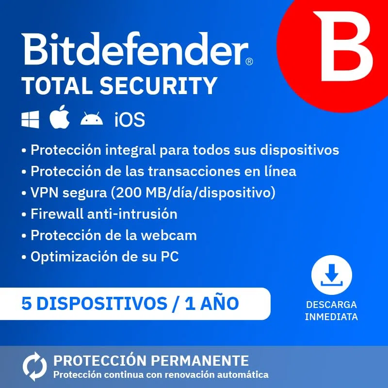 Bitdefender Total Security 2026| 5 Dispositivos | 1 Año | PC/Mac/iOS/Android | Código de activación por email | Renovación automática