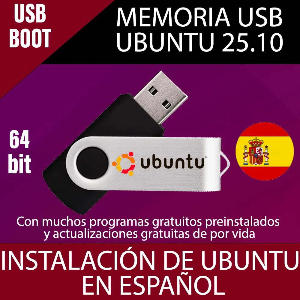UBUNTU 25.10 Memoria USB Bootable Linux - Última Versión 2026 – 64 Bits – Instalación fácil – Sistema en Español + Modo LIVE - Ubuntu Memoria USB de Arranque