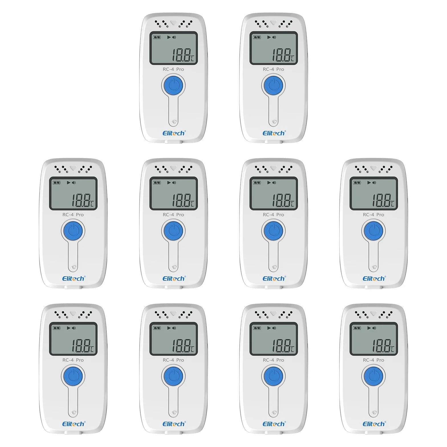 Elitech RC-4H Pro 10 Pack de higrómetros de registro de temperatura | Grabación USB interior/exterior | 2 sensores (-40 °C hasta +85 °C) | Alarma y exportación PDF/Excel | Para alimentos, laboratorios