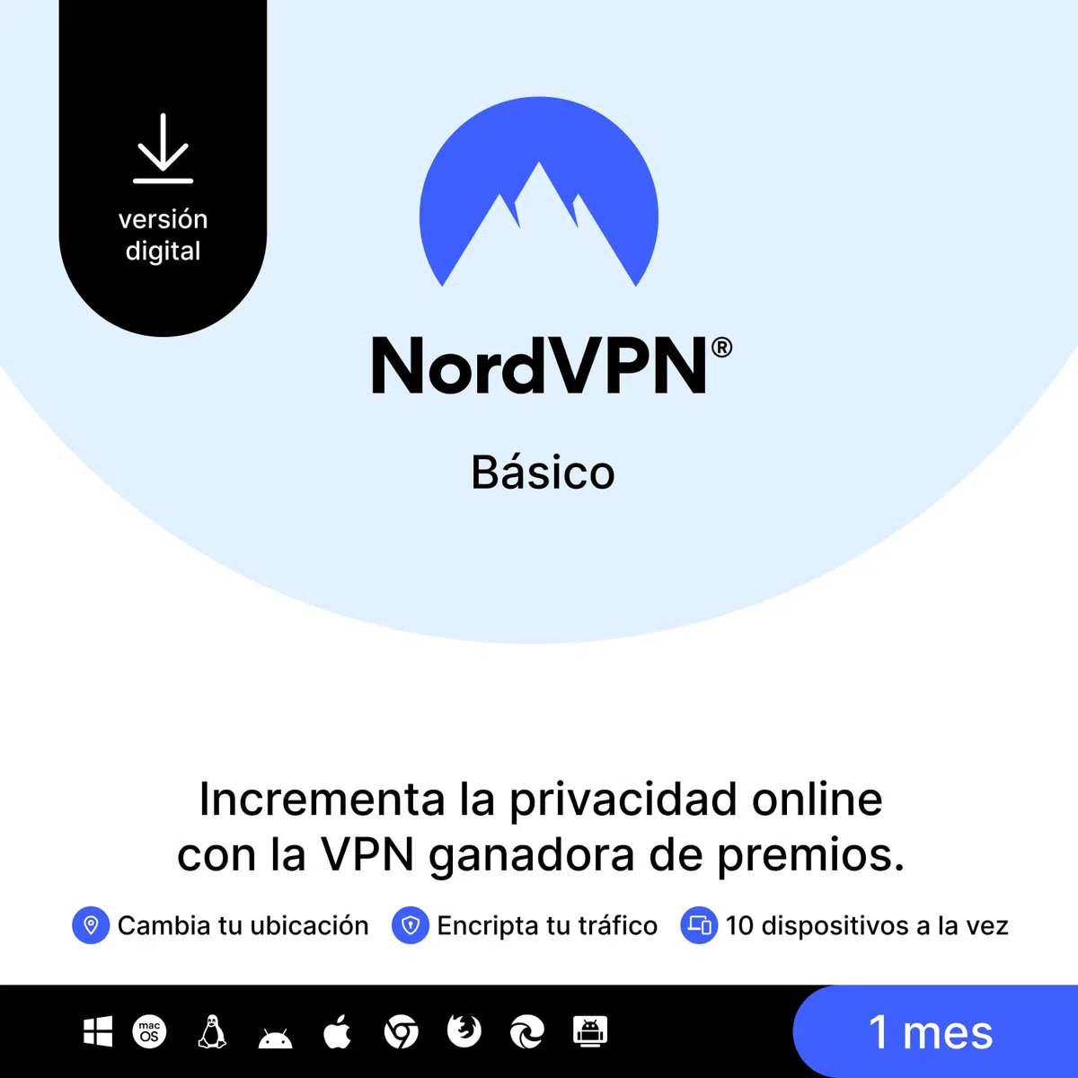 NordVPN Básico, 10 Dispositivos, 1 Mes, Software VPN Premium, Código Digital
