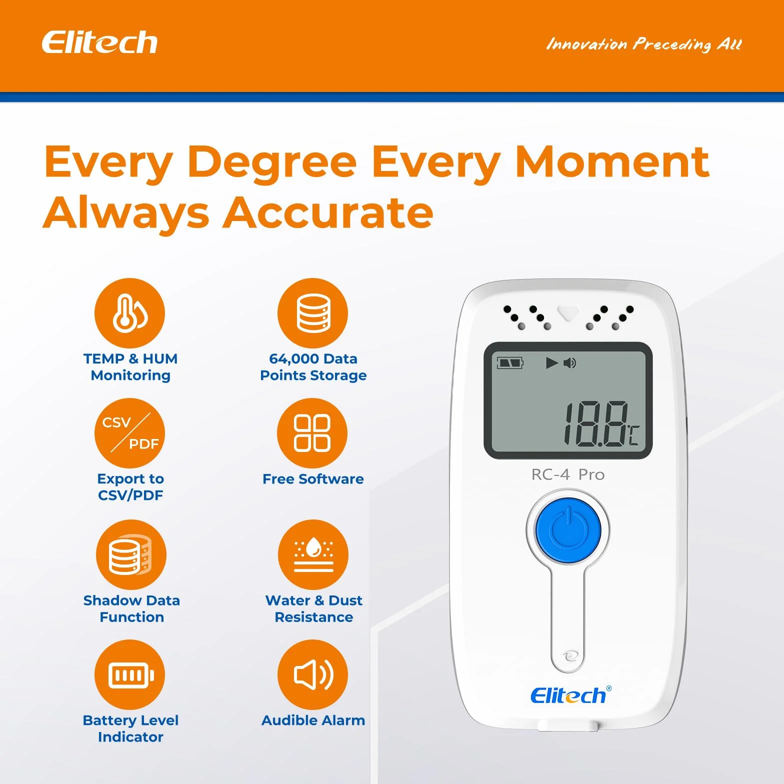 Elitech RC-4H Pro 10 Pack de higrómetros de registro de temperatura | Grabación USB interior/exterior | 2 sensores (-40 °C hasta +85 °C) | Alarma y exportación PDF/Excel | Para alimentos, laboratorios
