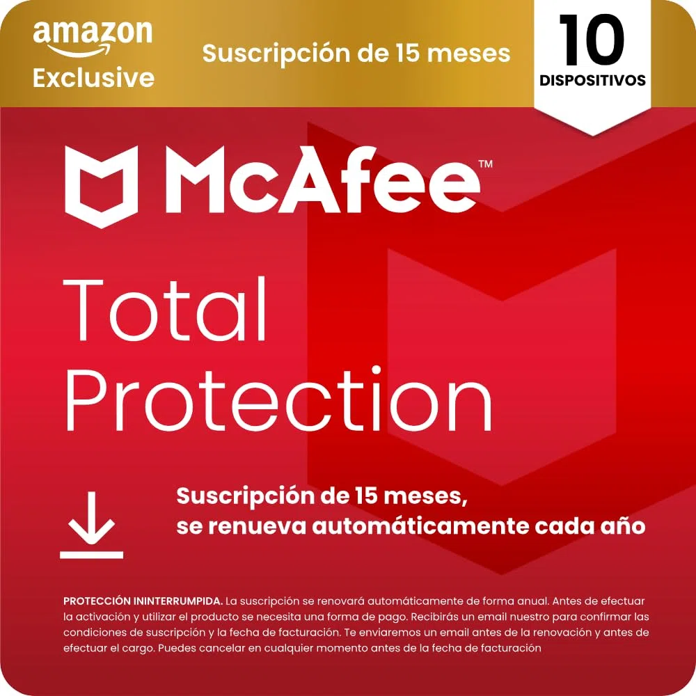 McAfee Total Protection para 10 Dispositivos 2026, 15 meses, Exclusivos de Amazon | Antivirus, VPN, software de seguridad | Suscripción con renovación automática | Descargar