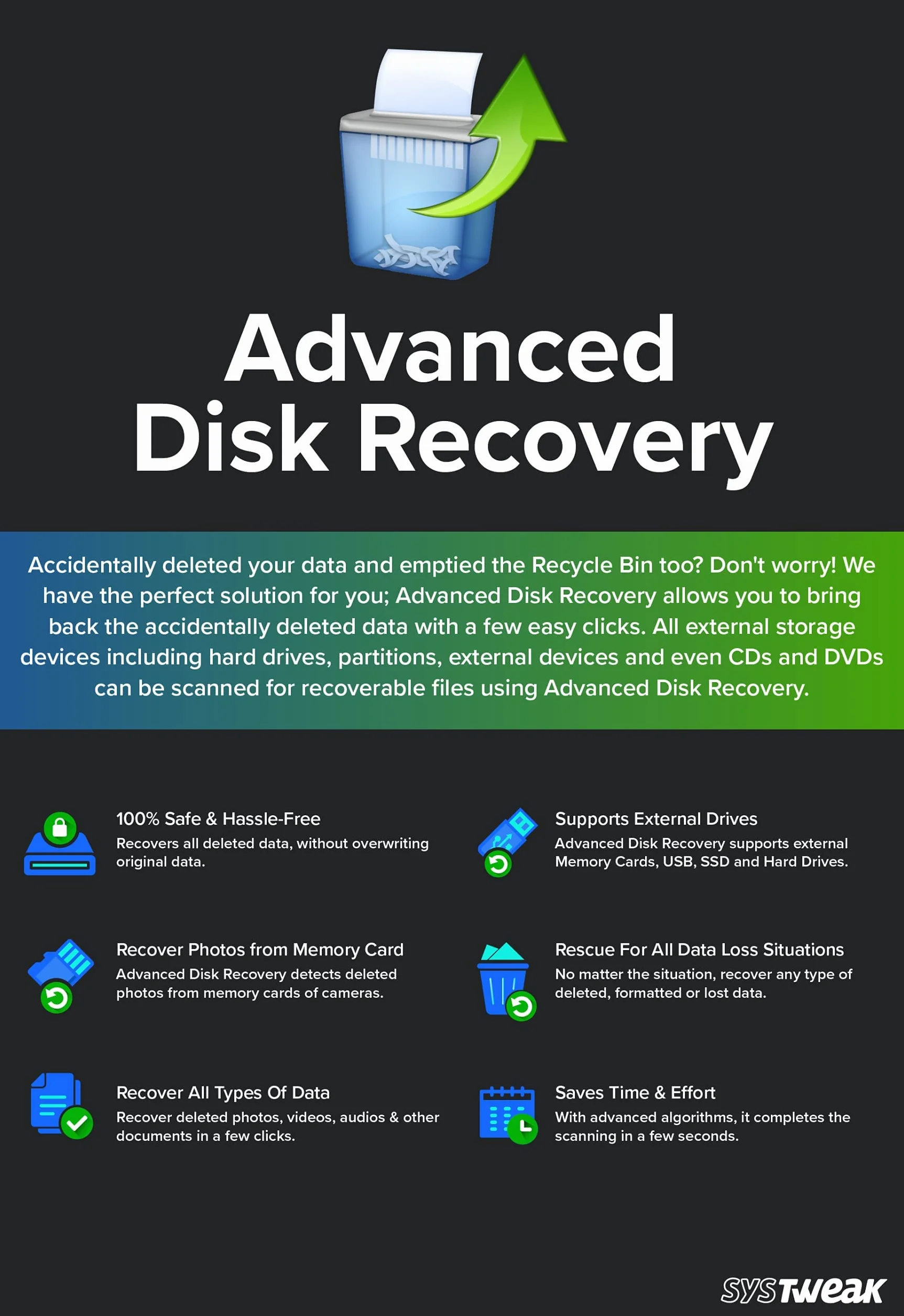 Systweak Advanced Disk Recovery Software 1 PC 1 año, Recupere archivos borrados, documentos y otros archivos de PC con Windows | USB | disco duro usb (correo electrónico solo en 2 horas, sin CD)
