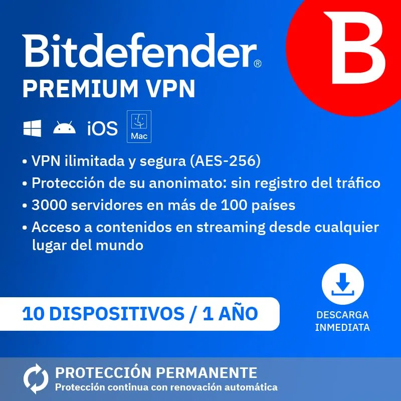 Bitdefender Premium VPN 2026| 10 Dispositivos | 1 Año | PC/Mac/iOS/Android | Código de activación por email | Renovación automática
