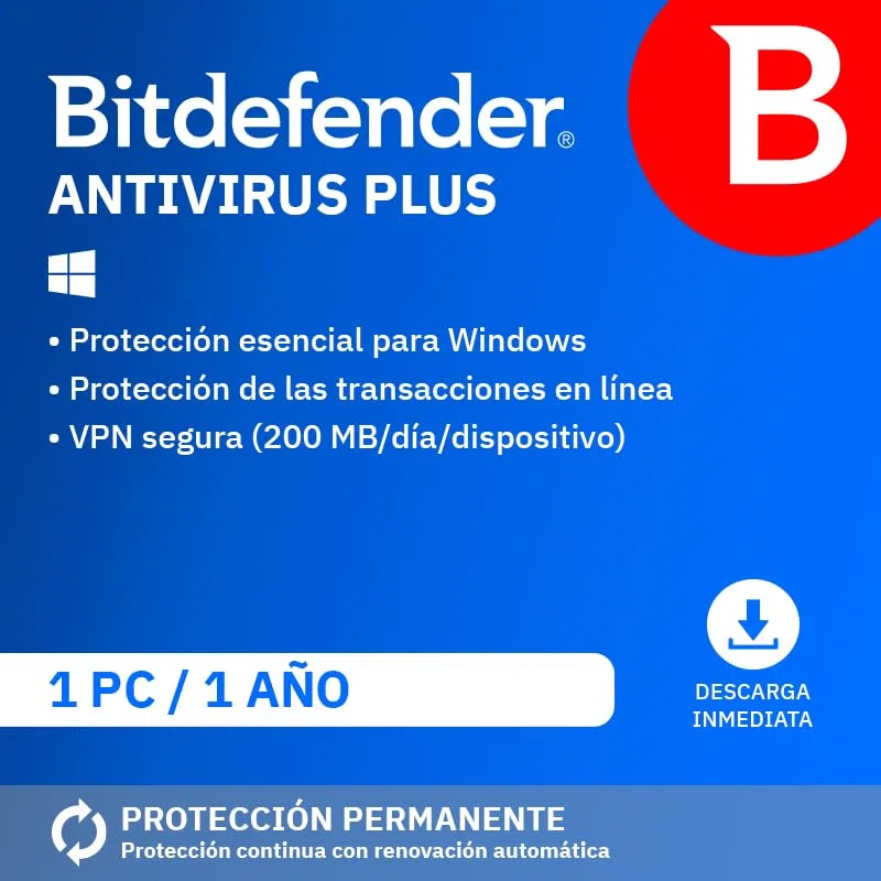Bitdefender Antivirus Plus 2026| 1 Dispositivo | 1 Año | PC | Código de activación por email | Renovación automática