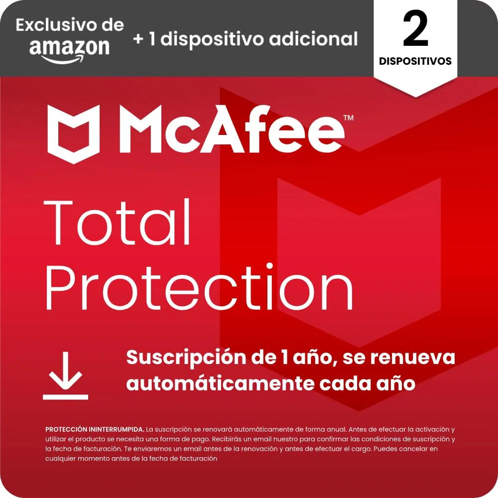 McAfee Total Protection para 2 más 1 Dispositivos adicional 2026 | Antivirus, VPN, software de seguridad, gestor de contraseñas, | Suscripción de 1 año con renovación automática | Descargar