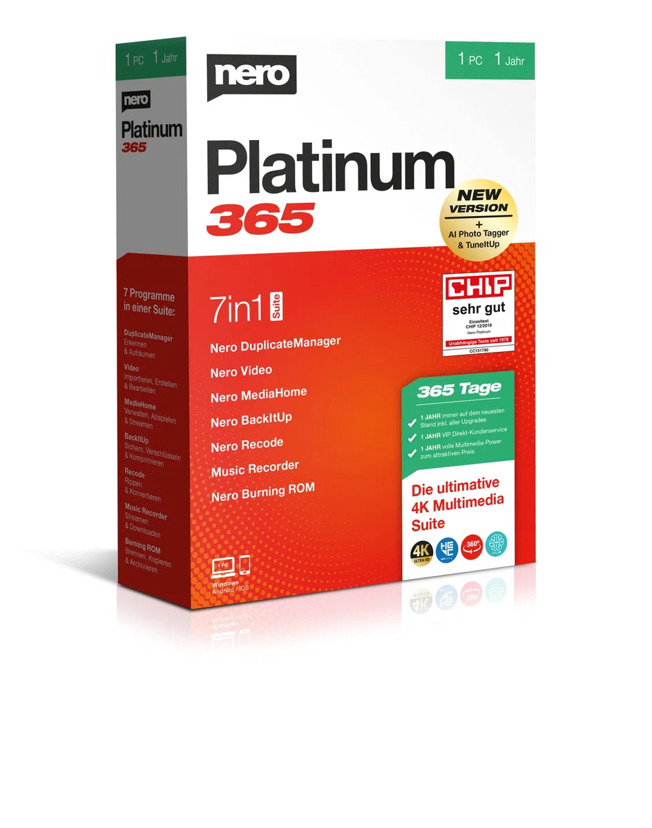 Nero Platinum 365- Edición de vídeo | Copia de seguridad | Gestionar y reproducir medios | 8K | Fotos | Música | PC Tuning | Windows 8/10/11 | 1 PC