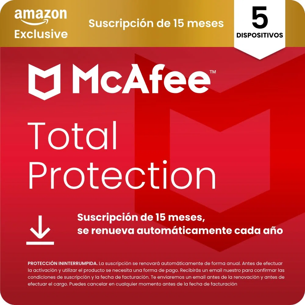 McAfee Total Protection para 5 Dispositivos 2026, 15 meses, Exclusivos de Amazon | Antivirus, VPN, software de seguridad | Suscripción con renovación automática | Descargar
