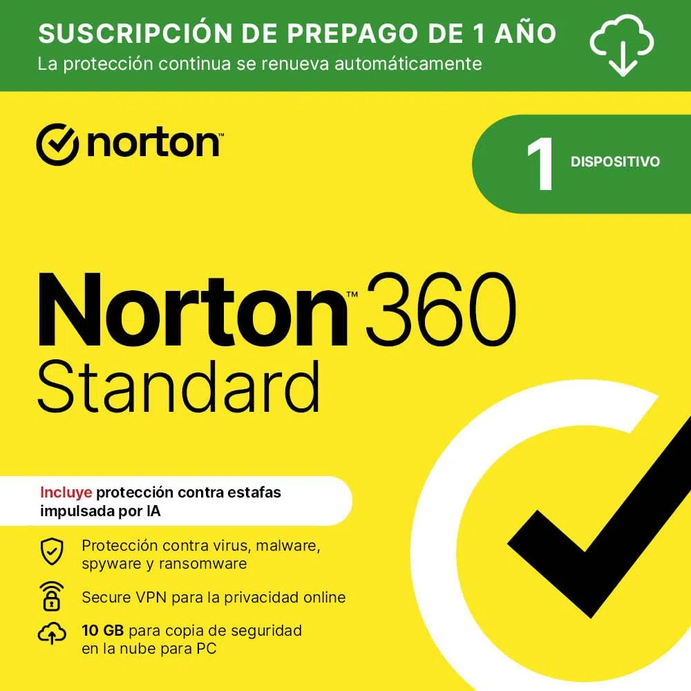 Norton 360 Estándar 2026|Antivirus 1 Dispositivo|1 año con renovación automática| Descarga digital